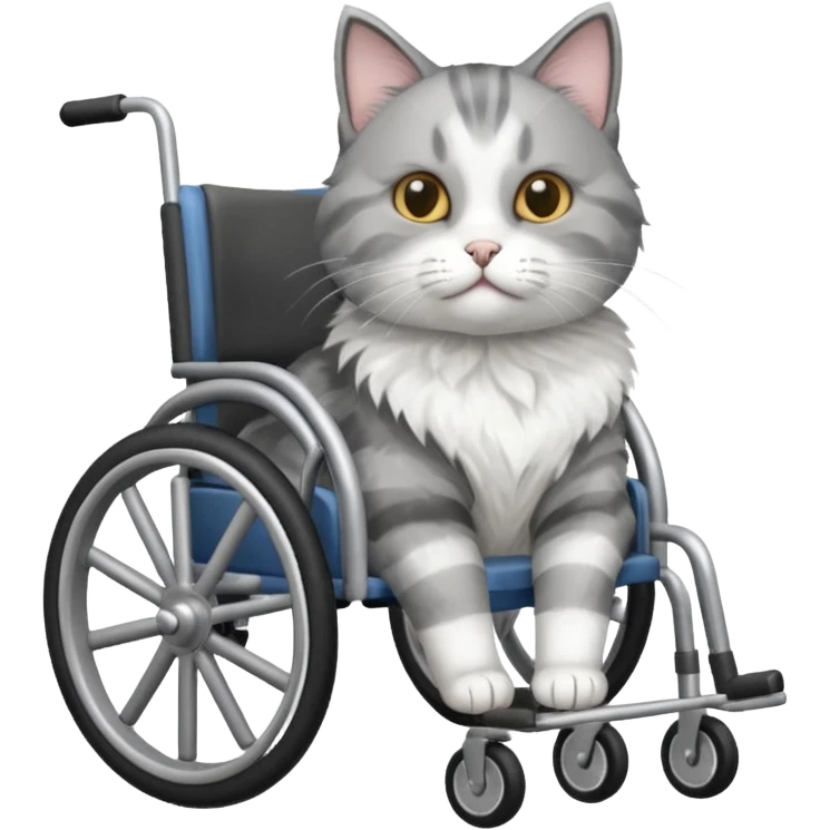 disabled grey and white cat using pet wheelchair emoji