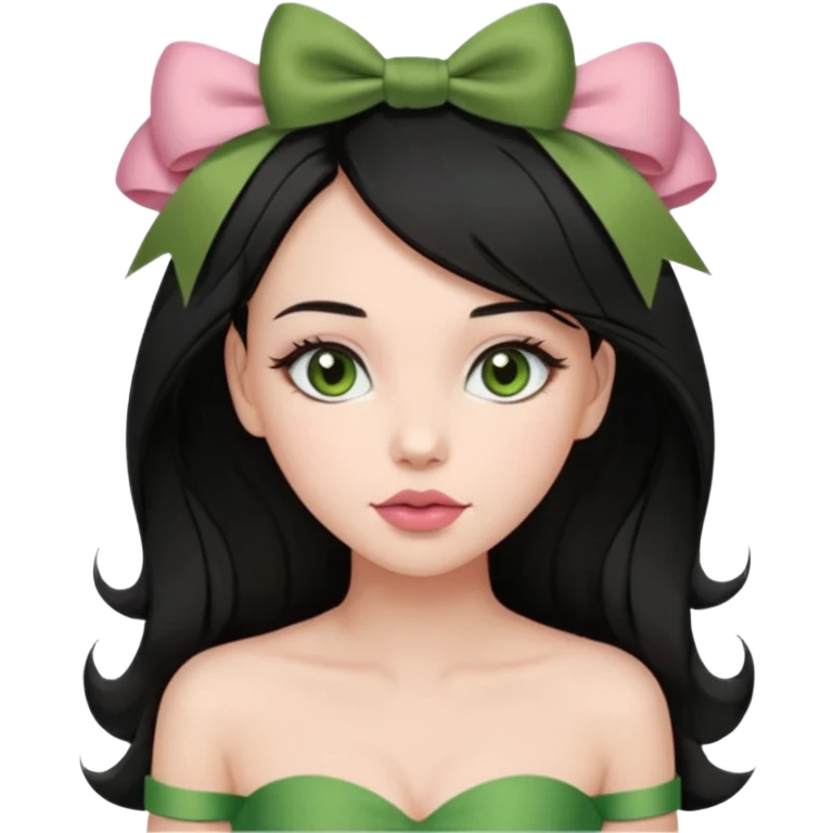 The woman has long black hair with green ribbon bows, light brown eyes, fair skin, and a heart-shaped face. She wears soft makeup, a muted rose lip, and a strapless olive green top. emoji