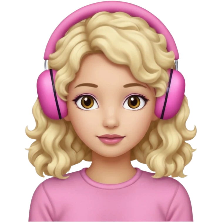Mädchen mit blondem welligem langen Haar und rosanen top und rosa kuschelige Ohrenschützer für den Winter und latina make up emoji