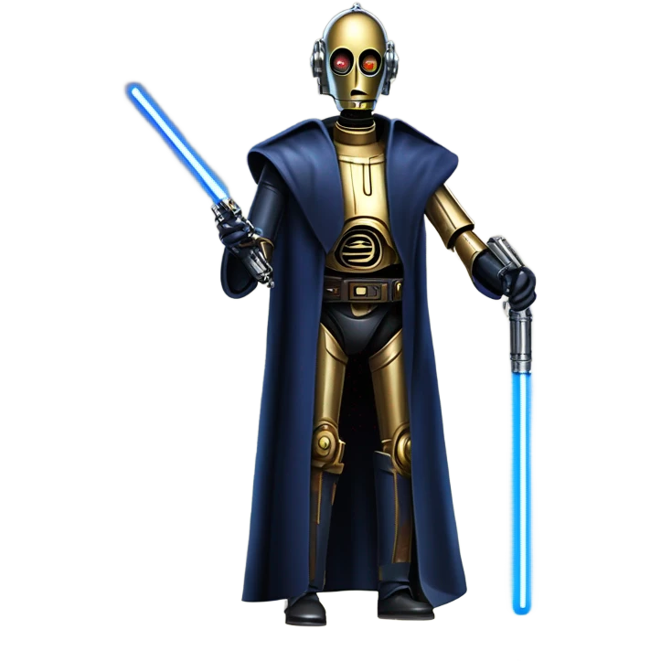 well-equipped jedi first order human-sized darkblue-pearl C3po as a friendly bounty hunter droid wearing a leather attire old west duster coat holding light saber ready to fight but relaxed. antiqued emoji