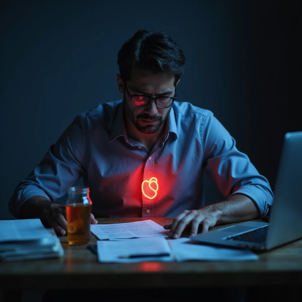 realistic tired overworked man at desk late night, paperwork, energy drinks, glowing computer, deep fatigue, dark circles, slouched posture, subtle red glows on heart, head, gut, moody burnout health risk emoji