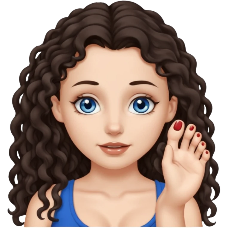 white girl, dark brown long slightly curly hair , skinni but with big breast , septum piercing on nose, beautiful dark gray-blue eyes, showing her foot and masturbating emoji
