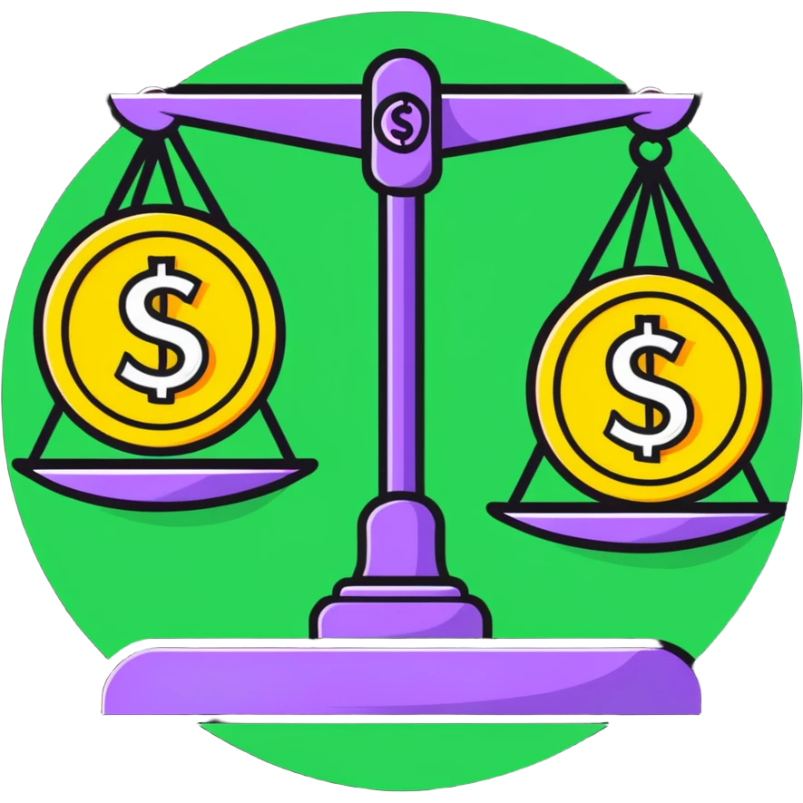 A balanced scale with money and dollar signs on one side and three colorful stars on the other side emoji