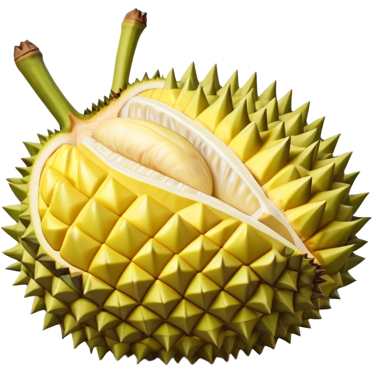 Cinematic Realistic Durian Fruit Dish Emoji, depicted as the notorious spiky fruit with a rich, custardy interior rendered with lifelike detail and bold, distinctive lighting. emoji