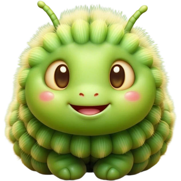 Cinematic Cute Caterpillar Portrait Emoji, Head tilted playfully and inquisitively, featuring a small, fuzzy body with rounded, plump segments, soft, endearing eyes and a charmingly wiggly movement, Simplified yet irresistibly adorable features, highly detailed, glowing with a warm, inviting green glow, high shine, affectionate and lively, stylized with a touch of whimsical woodland charm, soft glowing outline, capturing the essence of a mischievous caterpillar that seems as if it could crawl out of the screen into your arms! emoji