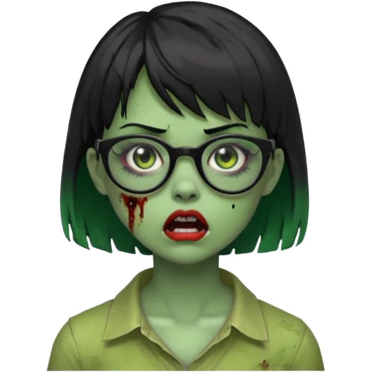 faça uma menina zumbi,da cor verde,com o cabelo curto preto até o pescoço,franja,óculos pretos,olhos escuros,boca meio aberta e alguns machucados pelo rosto emoji