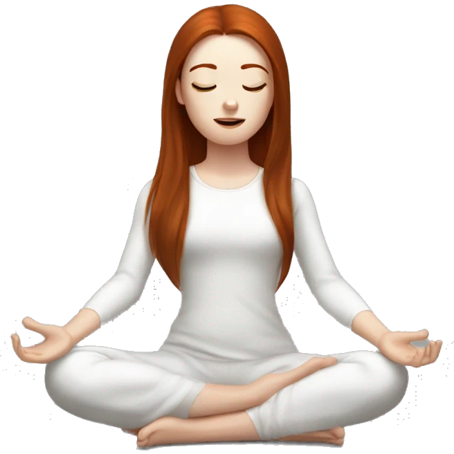 pale skin dark long straight redhead chocolate brown eyes girl with freckles doing meditation emoji