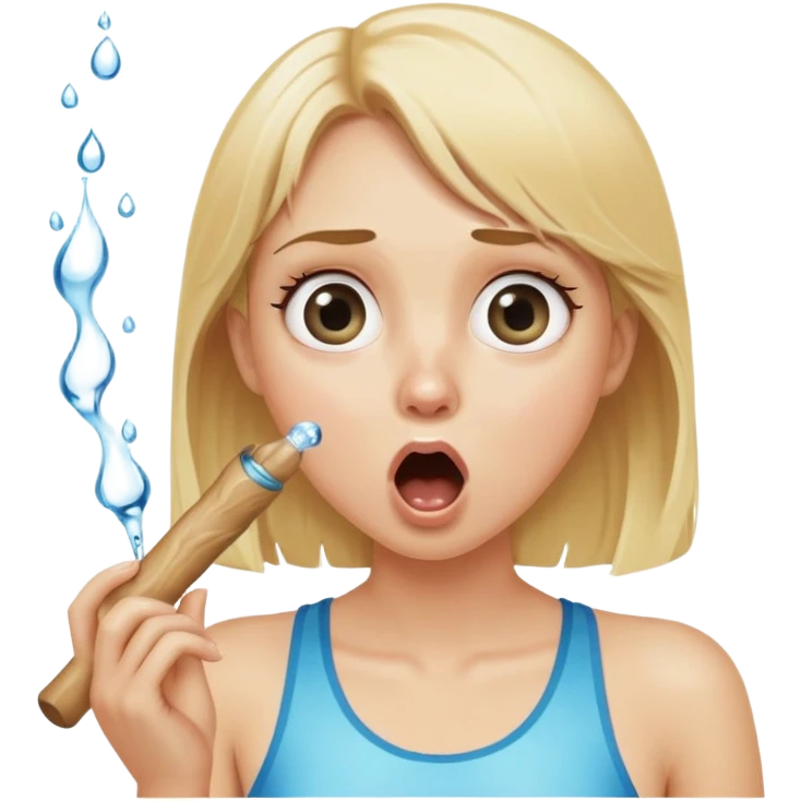 blond woman with wide eyes, holding a wide skin-colored stick with a round knob, both matching her skin tone, water squirting from the knob into her mouth, shocked face emoji