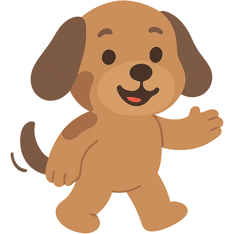 A playful puppy with floppy ears and a wagging tail, looking cheerful and friendly emoji