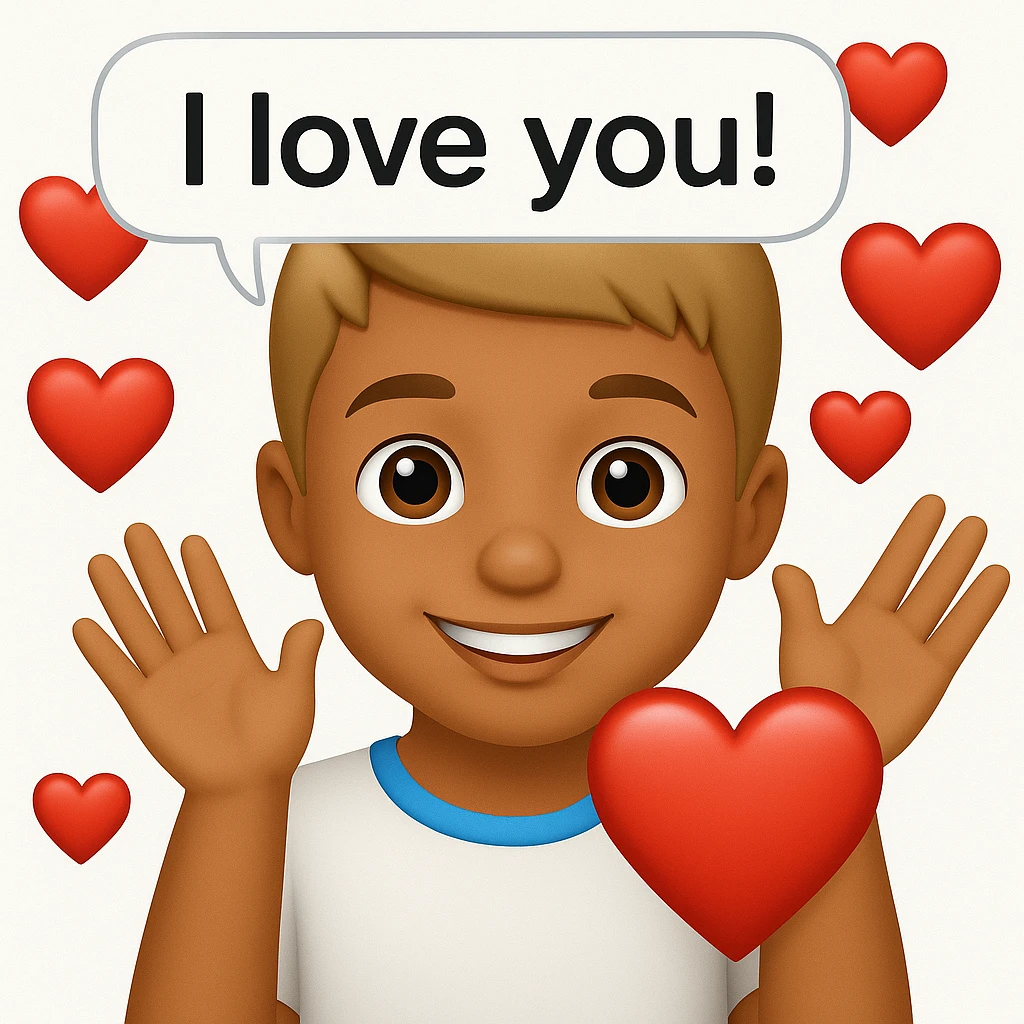 Add a speech bubble with the greeting 'I love you!' to the image, keeping the emoji style warm and loving emoji