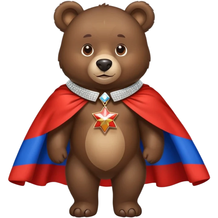 Medium-dark brown bear on all four legs with a sparkling diamond collar or necklace around its neck, Russian flag cape on its back emoji
