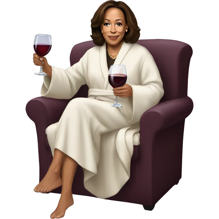 Kamala Harris wearing robe and slippers drinking wine emoji