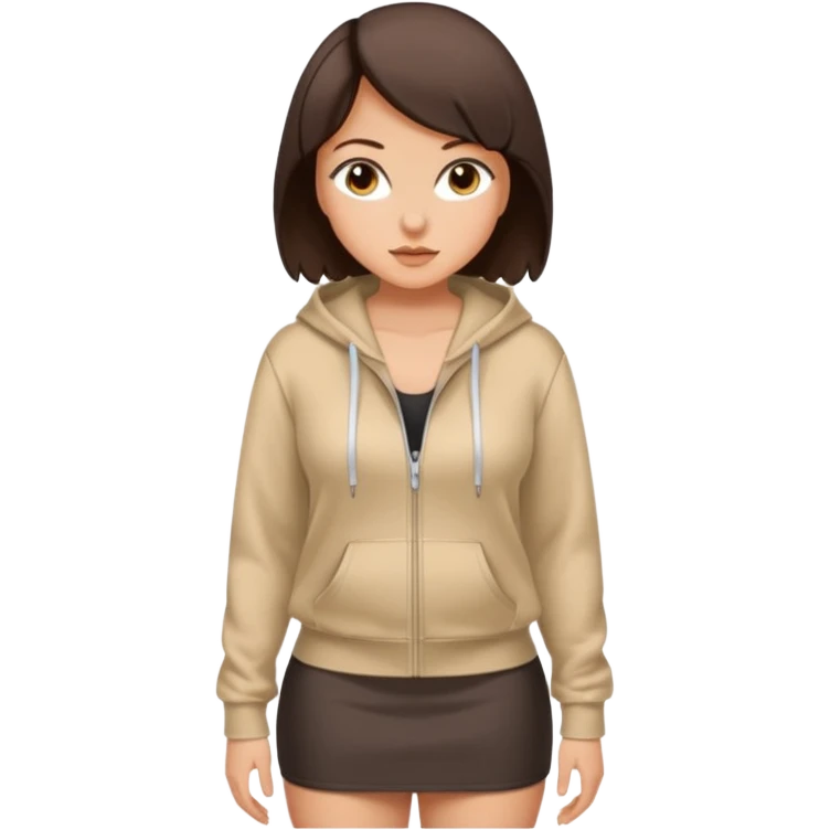 Pretty, sexy, slightly curvy white woman with short dark brown hair, wearing only a tight, open, front zippered hoodie and a miniskirt  emoji