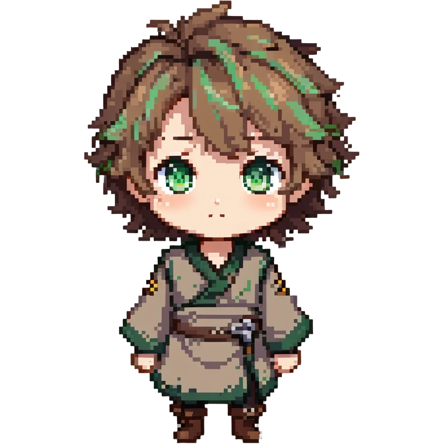 Young Rudeus Greyrat chibi, big green eyes, round face, messy light brown hair, wearing a tunic, cute and curious anime style emoji