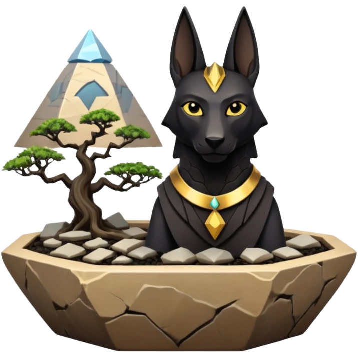 Kindly Protecting silky black-haired tiny statuette scale Anubis and pyramid scenery stone-age cracked irregular dodecagon bonsai pot  emoji