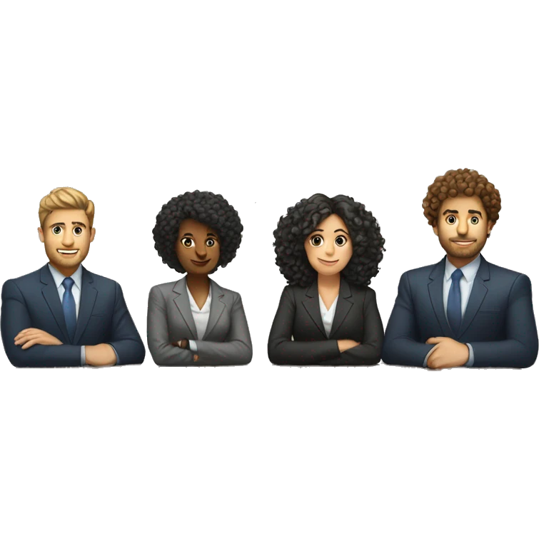 work meeting table 3 men and 4 women sitting on a table wearing suits the women have curly hair and one of the men is fat with a beard and of them is tanned with curly hair emoji
