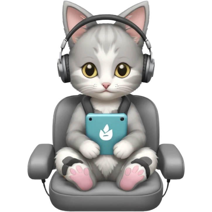 a small little grey kitten sitting on a seat and wearing headphones and there is a sims logo over her head emoji