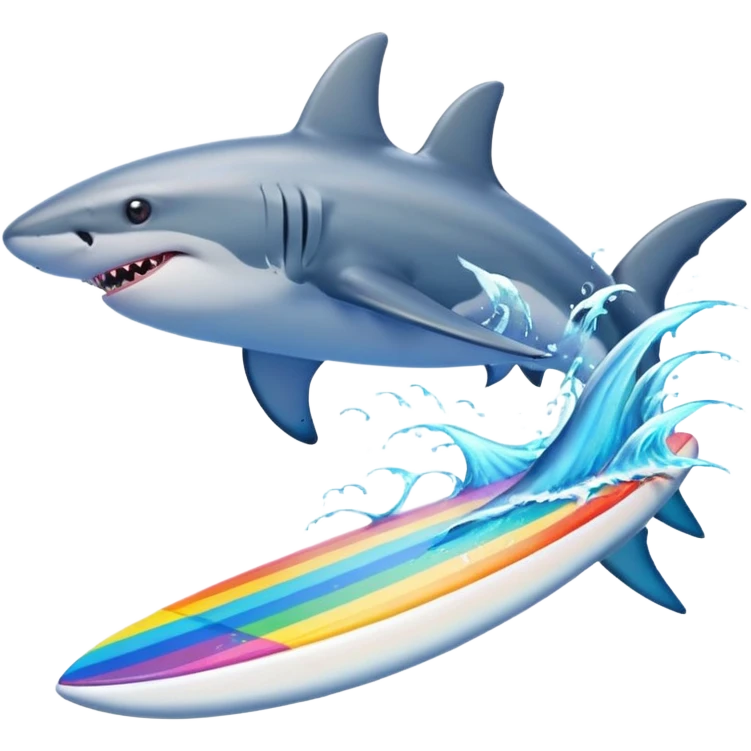 Shark surfing with dolphins and rainbows emoji