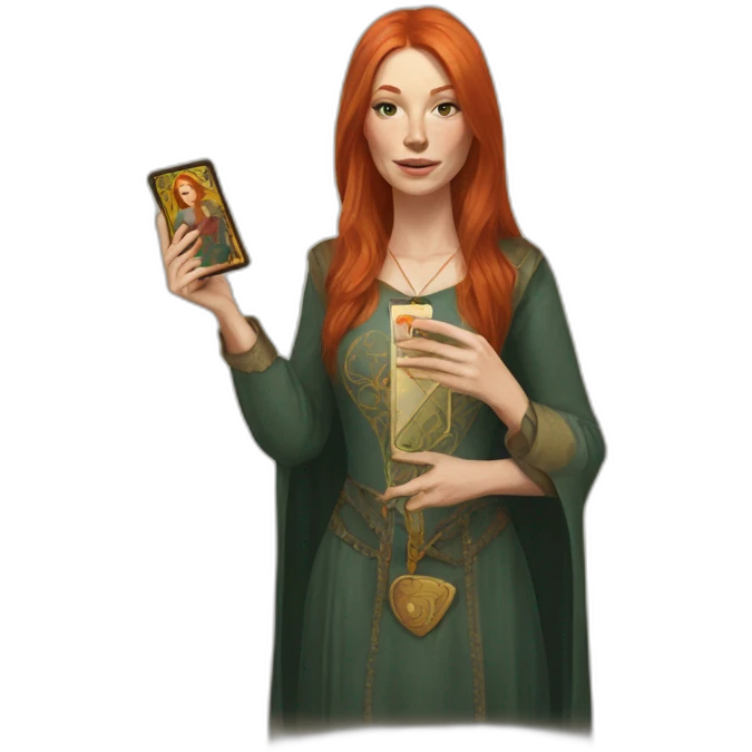 redhead white woman medium long straight hair, holding a tarot card in her hand emoji
