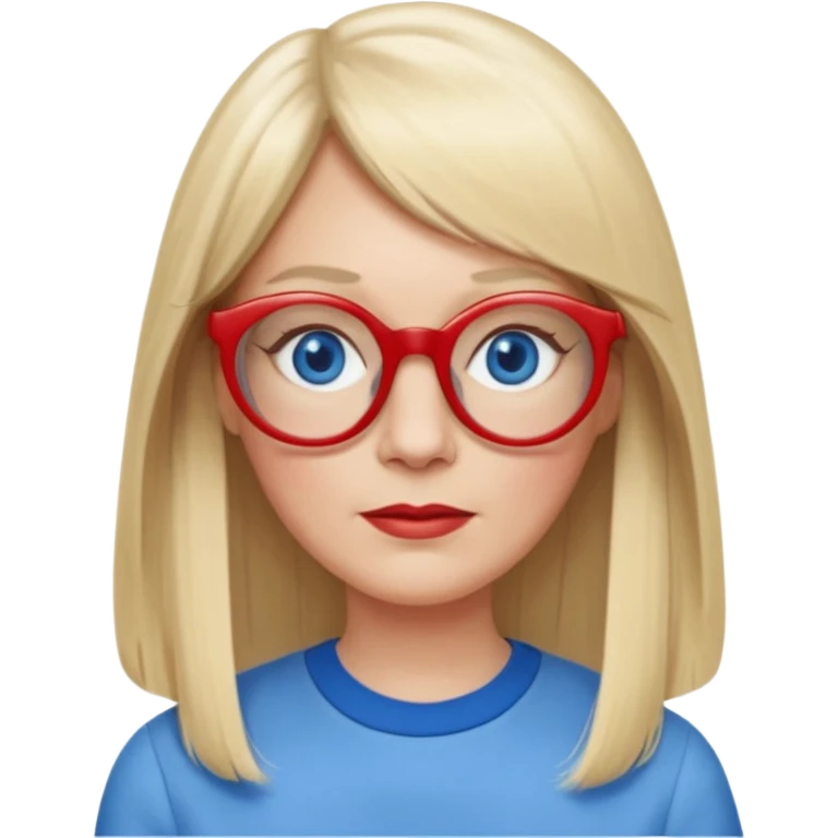 50 yr old white woman, pale skin, long straight blond hair parted in center, blue eyes, bangs, clothes for school, big red glasses, oval face, long face emoji