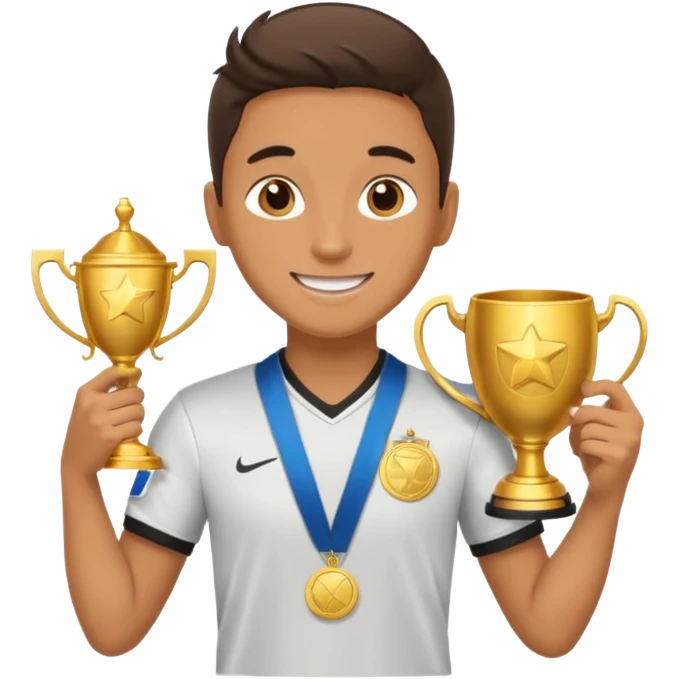 happy soccer player with a first-place medal and a trophy emoji