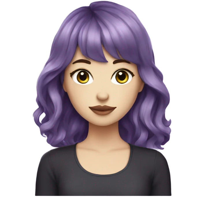  one white girl with eyeliner, mid length hair wavy, purple hair, bangs, holding iced matcha, dark shirt emoji