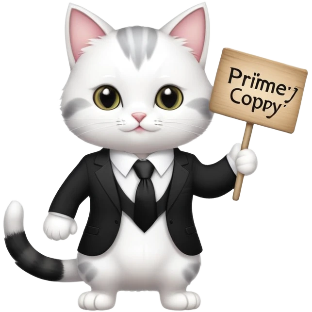 A cat in a black business suit holds a sign with the inscription "PrimeCopy" with one paw and shows a like with the other paw emoji