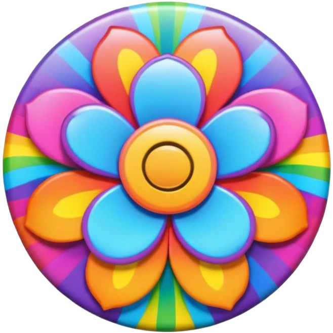 A round psychedelic colored button with rainbow colored hippie style flower border emoji