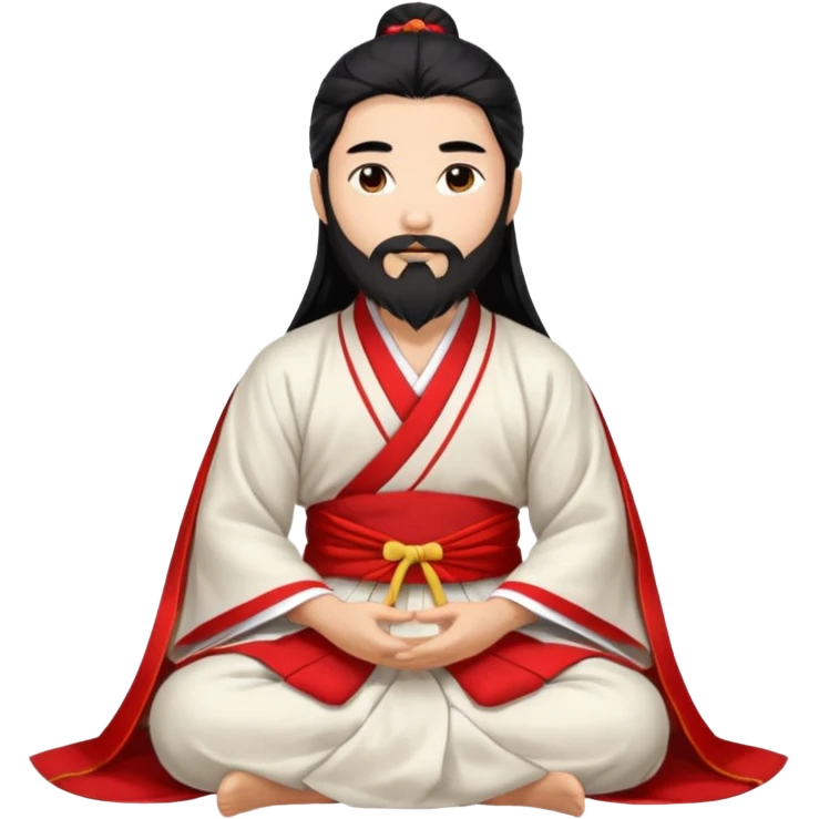 Beautiful man with lightly tan skin and dark long beard, long hair, in red and white Hanfu sitting on the ground emoji