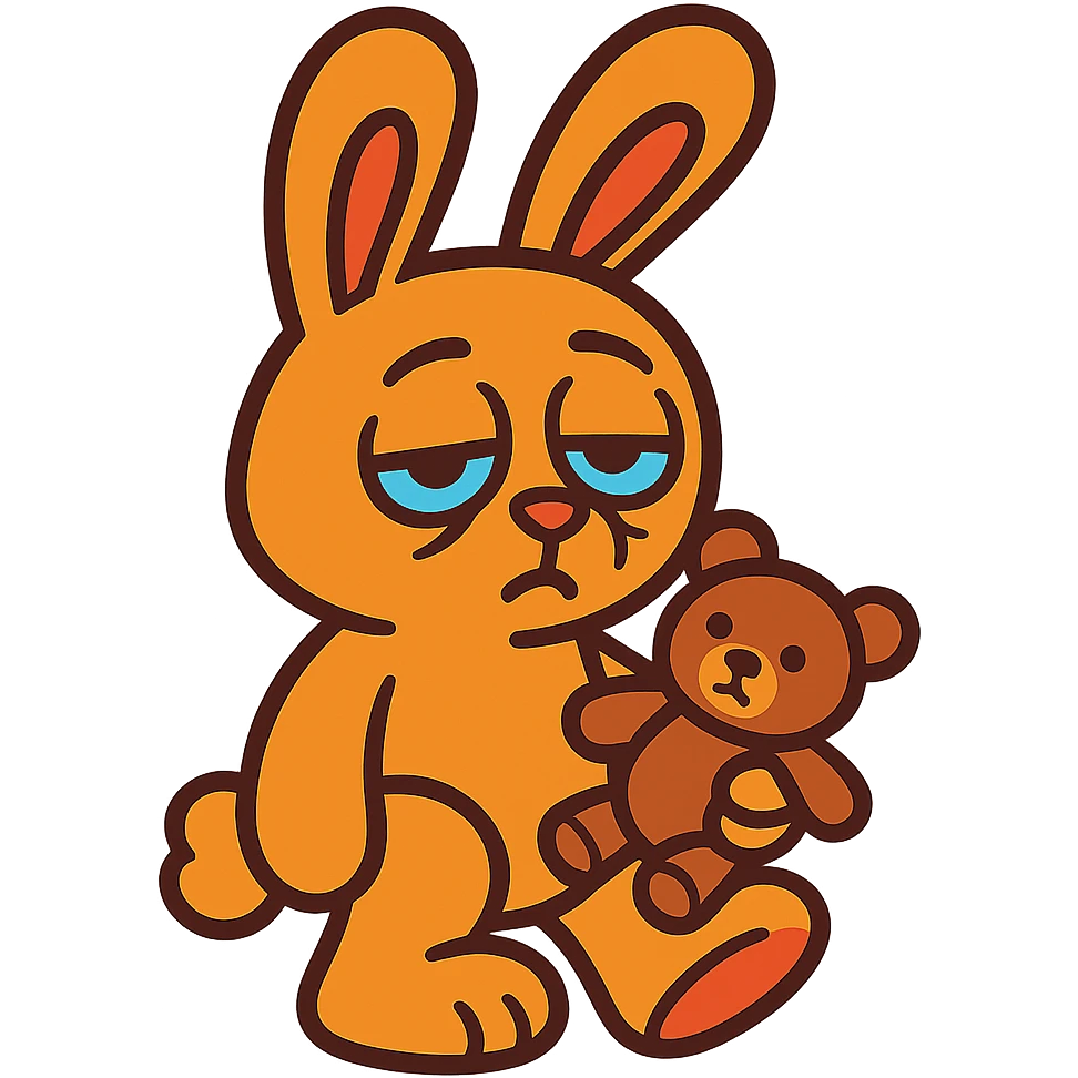 caramel bunny holding teddy bear, eyes drooping, vibrant-toon style emoji