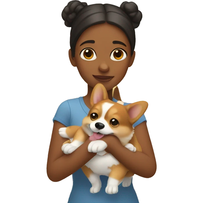 a girl holds a corgi in her hands emoji