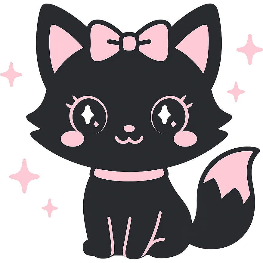 kawaii style magical gothic fox inspired by BLACKPINK, smiling face, black fur with pink accents, big eyes, surrounded by sparkles, fun and fashionable emoji