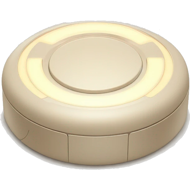 A futuristic and minimalist circular audio device inspired by the Donda Stem Player. The device features a smooth beige surface with glowing LED strips arranged in a cross pattern emoji