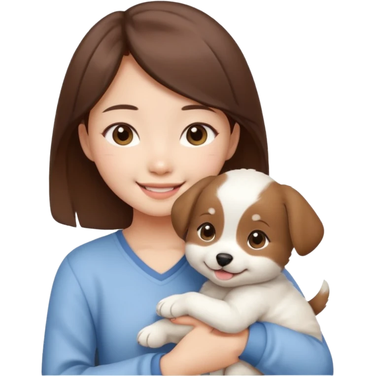a asian japanese girl with brown hair and no bangs. she is holding a cute white puppy emoji