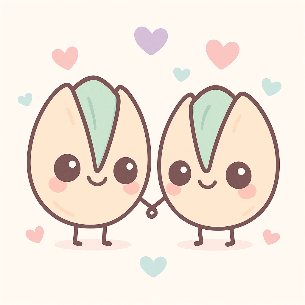 two animated pistachios holding hands, surrounded by hearts, kawaii style emoji