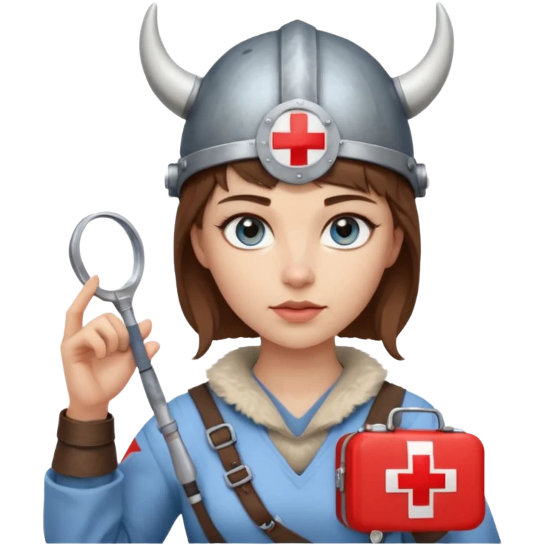 A young woman with beautiful blue eyes, short brown hair shaved on the sides, giving her a Viking look and a horned helmet. She holds a medical kit with a red cross icon in her hand. A stereoscope hangs around her neck. emoji