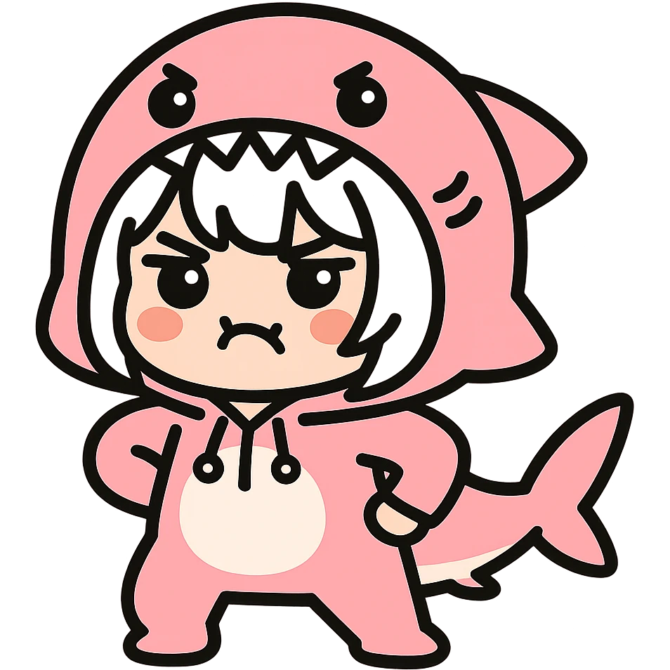 Make the girl in the pink shark onesie strike a playful pose, keep her white hair and cute angry expression, no background. emoji