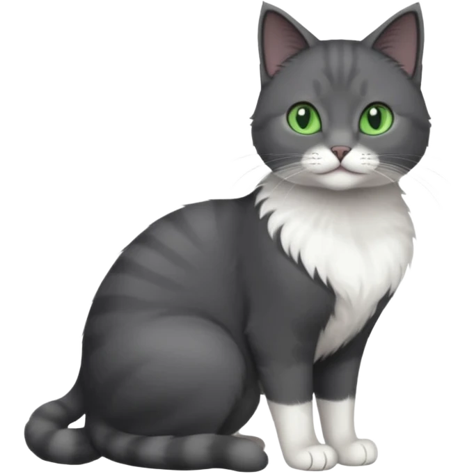 full body view of beautiful female solid dark grey cat with green eyes, white toes/paws and white patch on her chest emoji