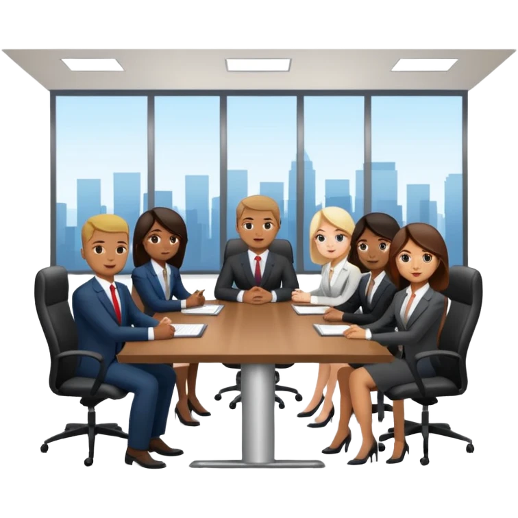 a group of coworkers in meeting room in long rectangular table emoji