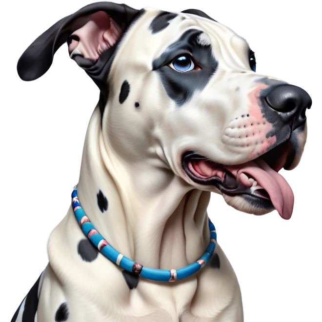 Cinematic Cute Yawning Harlequin Great Dane Portrait Emoji, Head tilted slightly with a dramatic, wide-open yawn, showcasing a smooth coat of predominantly white with bold black patches, floppy ears slightly drooping, round blue eyes barely open in drowsy contentment, Simplified yet irresistibly adorable features, highly detailed, glowing with a soft, cozy glow, high shine, relaxed yet expressive, stylized with a touch of whimsy, bright and endearing, soft glowing outline, capturing the essence of a sleepy yet affectionate guardian, so drowsy it feels like it could stretch out of the screen and curl up for a nap! emoji