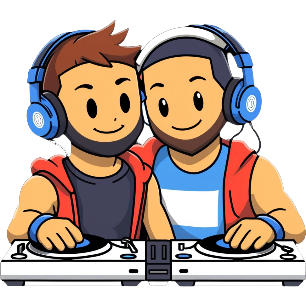 Hot handsomeb muscular 6ft tall smiling happy clean shaven ash ketchum being a  dj and his music rocks while kissing a bearded friend emoji