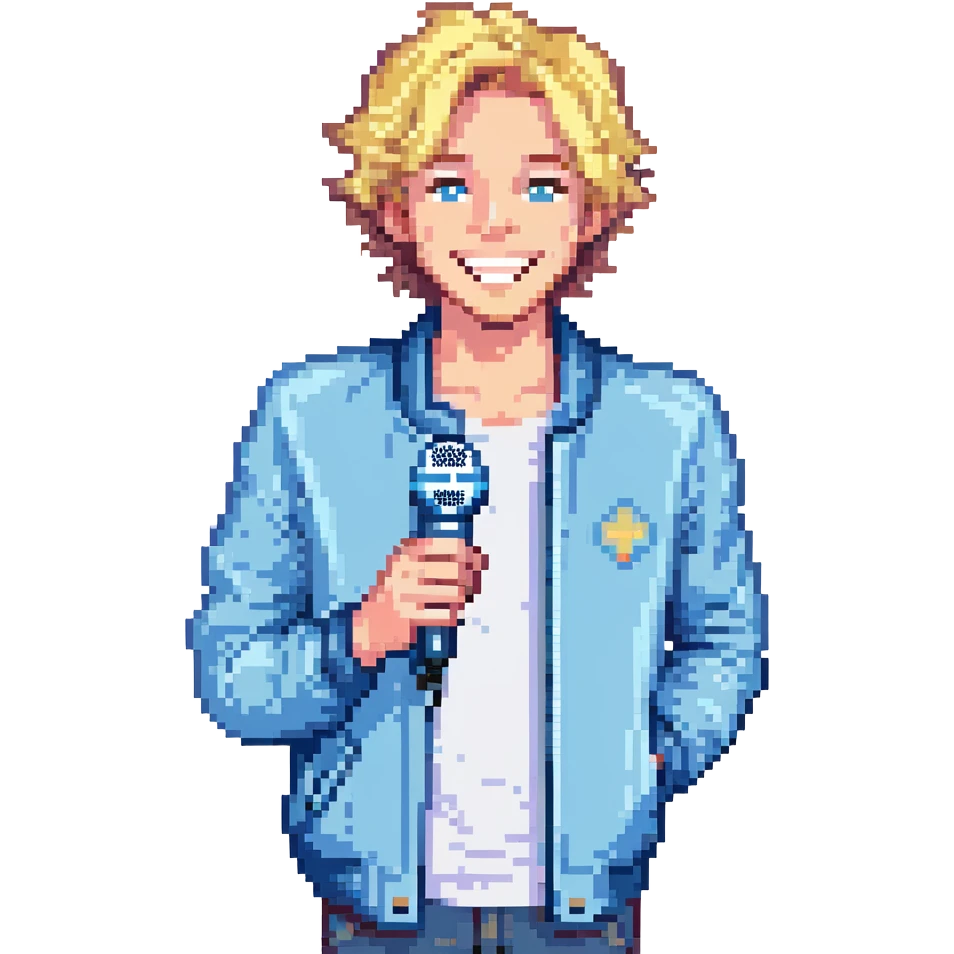 Pixel art style, expressive male performer, Caucasian features, short sandy blonde hair, lively eyes, wide cheerful smile, wearing a sky blue jacket over white tee, tossing a microphone in one hand, waist-up, front-facing emoji