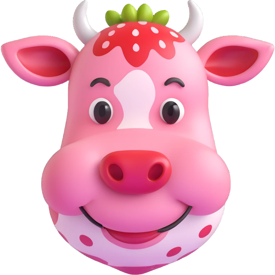 3D emoji style strawberry cow, round and glossy, pink with red strawberry spots, smiling emoji
