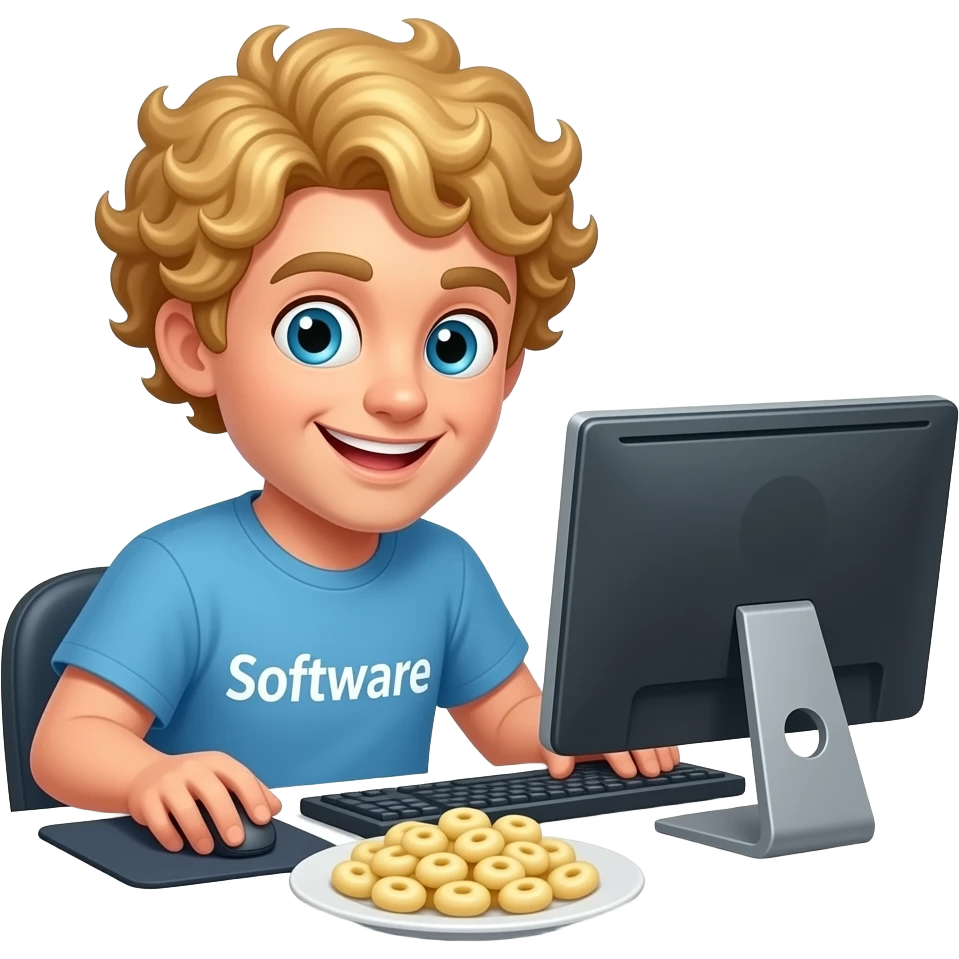 hungry software developer, somehow happy, blonde, with a pc and curly hair waiting for gnochis food emoji