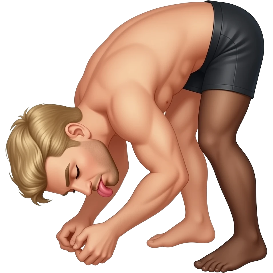 Blonde man with closed eyes bowed, licking the soles of a brunette emoji