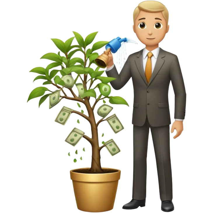 Businessman in suit watering a money tree with growing coins and dollar signs emoji