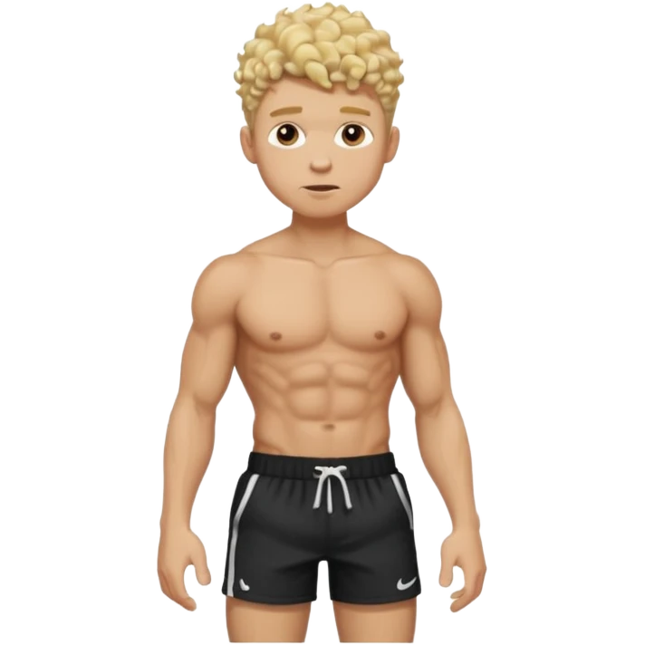 Ripped, athletic man with thick neck, high top fade with no part, curly hair only top only, no shirt and show waistline up, white male, black shorts and more man face, blonde hair emoji
