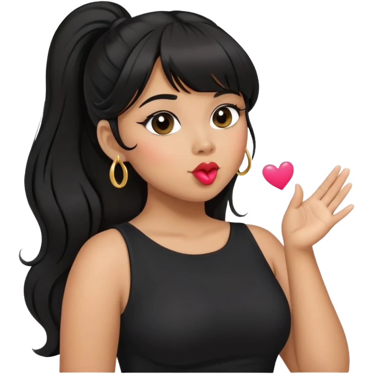 Latina girl with bangs black long hair in pony tail plus size black dress blowing kiss emoji
