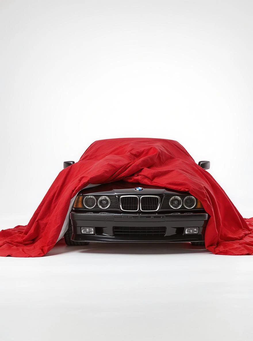 studio photo on a pure white background old black BMW E34 car is visible from under a red tent cover emoji
