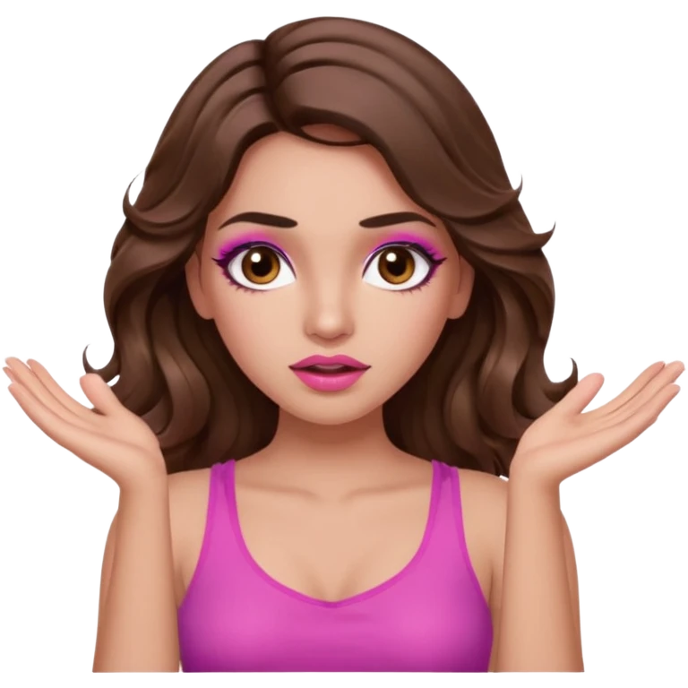 girl with long wavy brown hair, brown eyes, long lashes makeup, sexy pink lips, light to medium complexion, pink sexy top, two hands up, shrugging, confused emoji